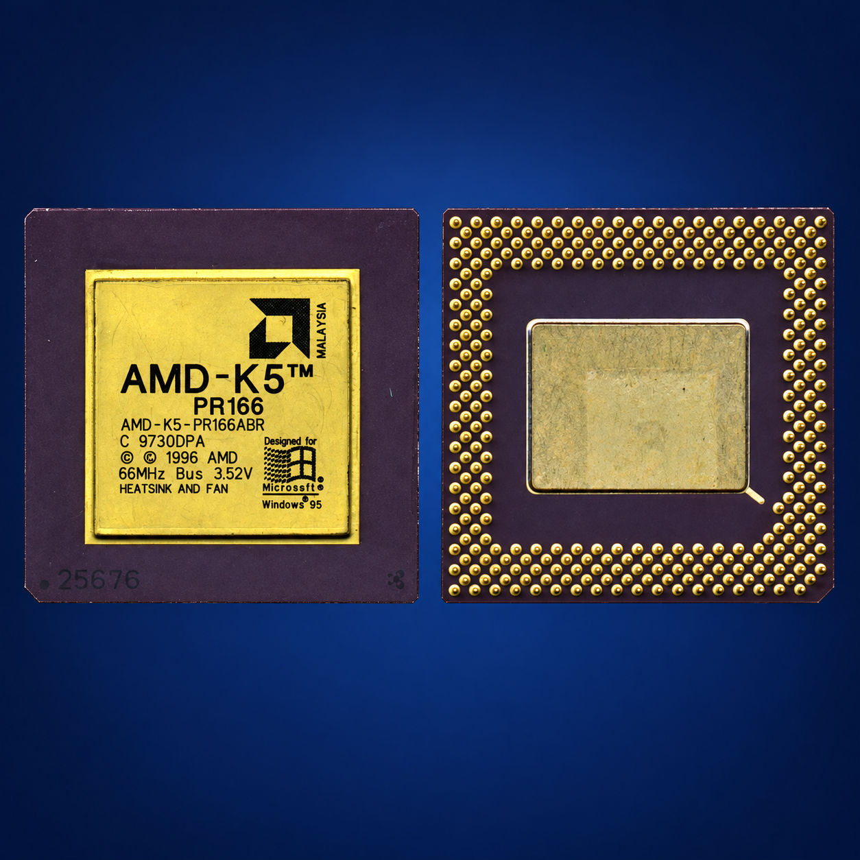 Процессор AMD K5 PR166, образец AMD-K5-PR166ABR, керамический SPGA-296, с позолоченной металлической крышкой и выводами Процессор AMD K5 PR166, образец AMD-K5-PR166ABR, керамический SPGA-296, с позолоченной металлической крышкой и выводами