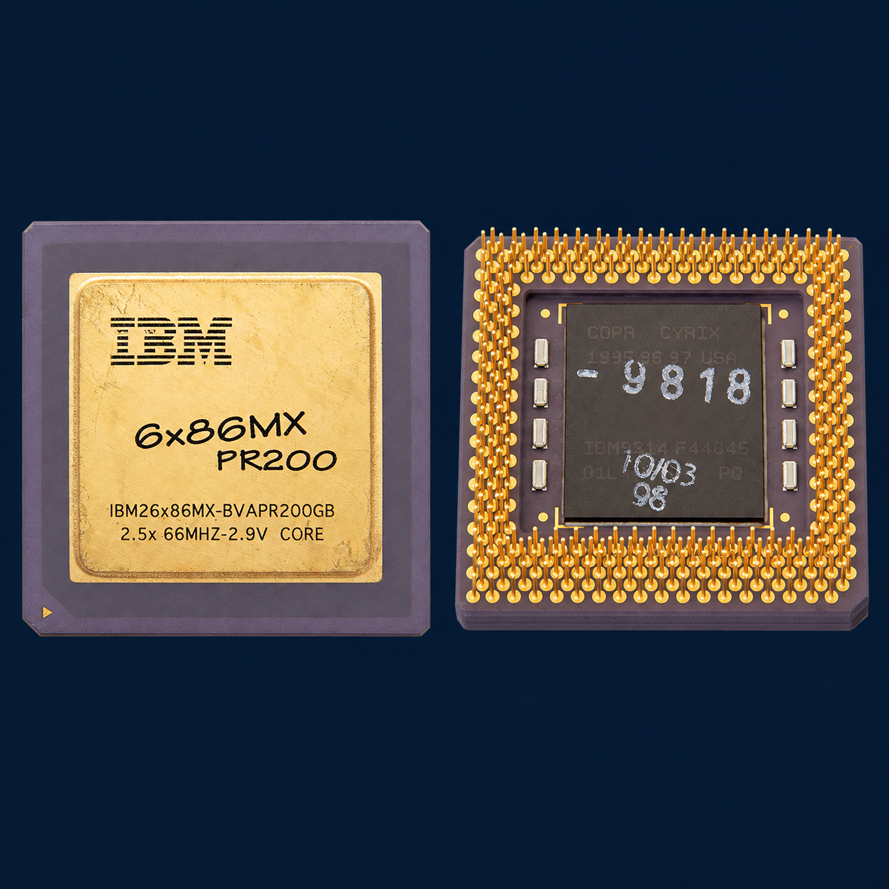 Процессор IBM/Cyrix 6x86MX PR200, керамический PGA-296, с позолоченной металлической крышкой и выводами; образец IBM26x86MX-BVAPR200GB Процессор IBM/Cyrix 6x86MX PR200, керамический PGA-296, с позолоченной металлической крышкой и выводами; образец IBM26x86MX-BVAPR200GB