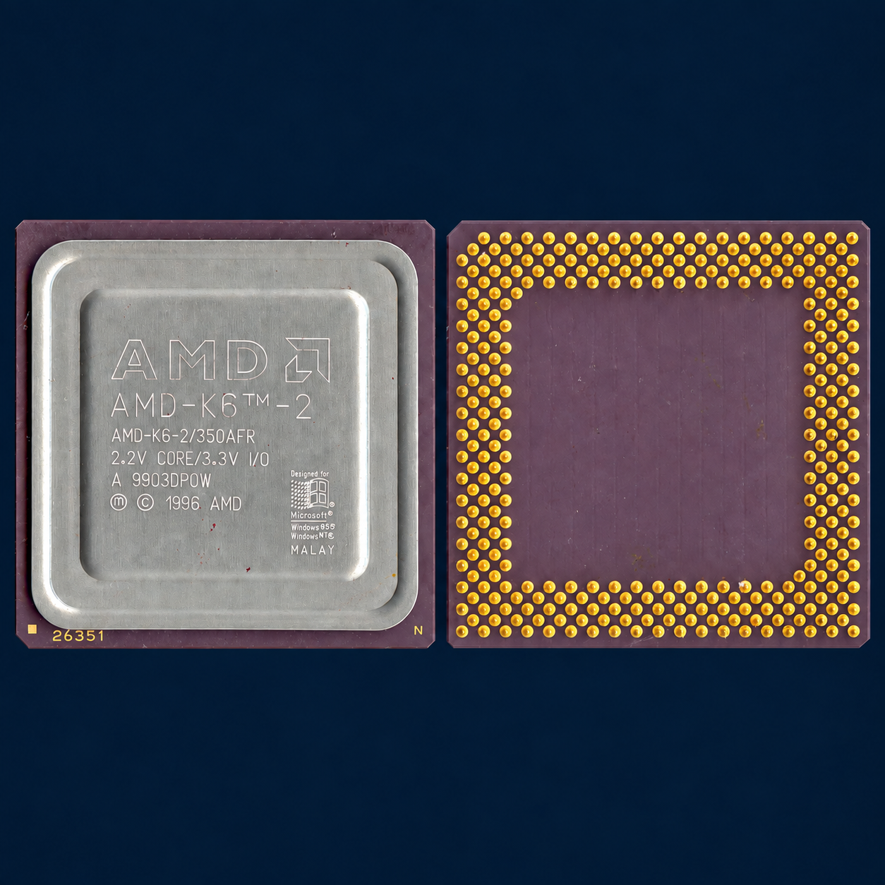 Процессоры AMD K6-2 всех моделей, CPGA-321, с алюминиевой крышкой и позолоченными выводами; образец AMD-K6-2/350AFR Процессоры AMD K6-2 всех моделей, CPGA-321, с алюминиевой крышкой и позолоченными выводами; образец AMD-K6-2/350AFR